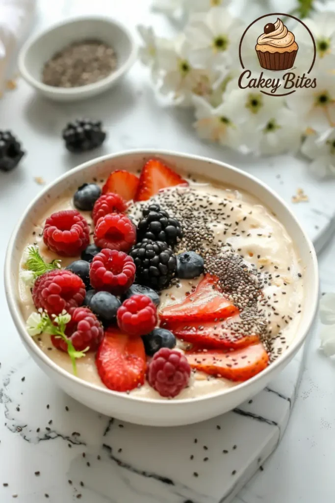 Nutritious and delicious cottage cheese mousse breakfast bowl topped with fruit and granola. A smoothie bowl made with cottage cheese mousse, topped with fresh berries, granola, and chia seeds—perfect for a nutritious breakfast.