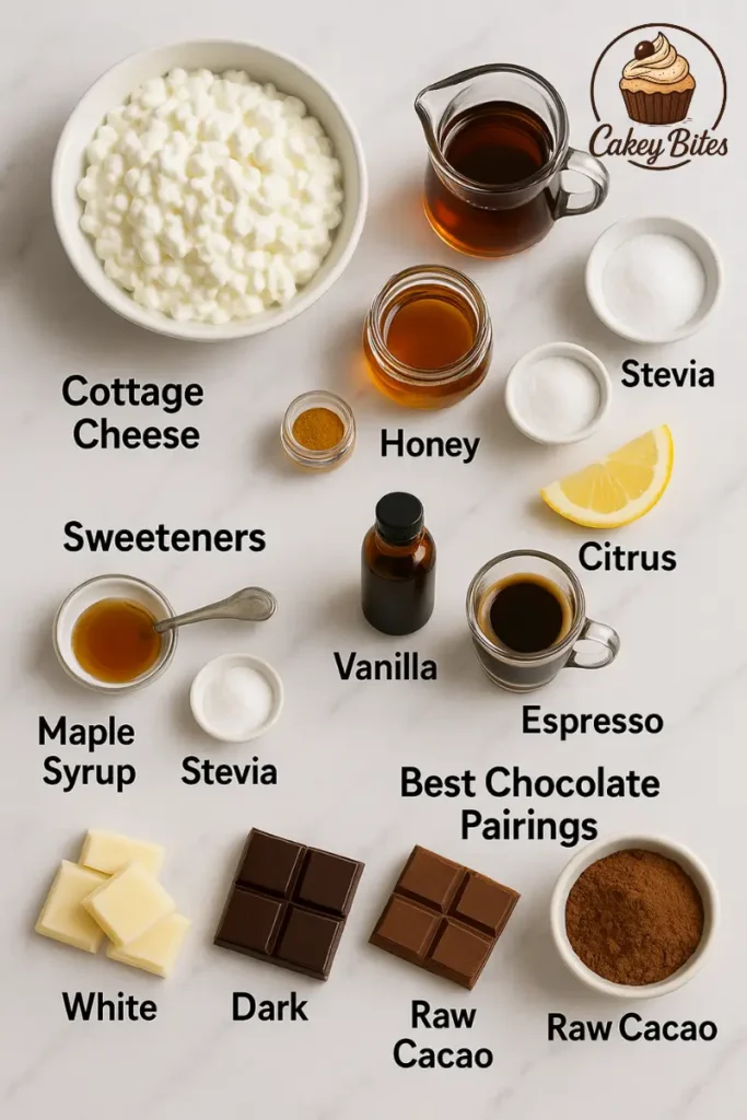 Basic ingredients for cottage cheese mousse: cottage cheese, honey, stevia, espresso, vanilla, and chocolate pairings. An ingredient flatlay featuring cottage cheese, sweeteners like honey and stevia, vanilla, espresso, citrus, and chocolate pairings for making cottage cheese mousse.