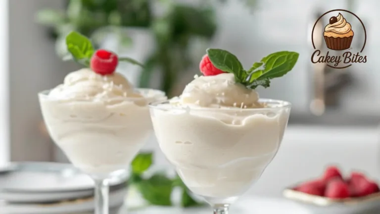An elegant serving of creamy cottage cheese mousse in a dessert glass, garnished with fresh mint and berries.