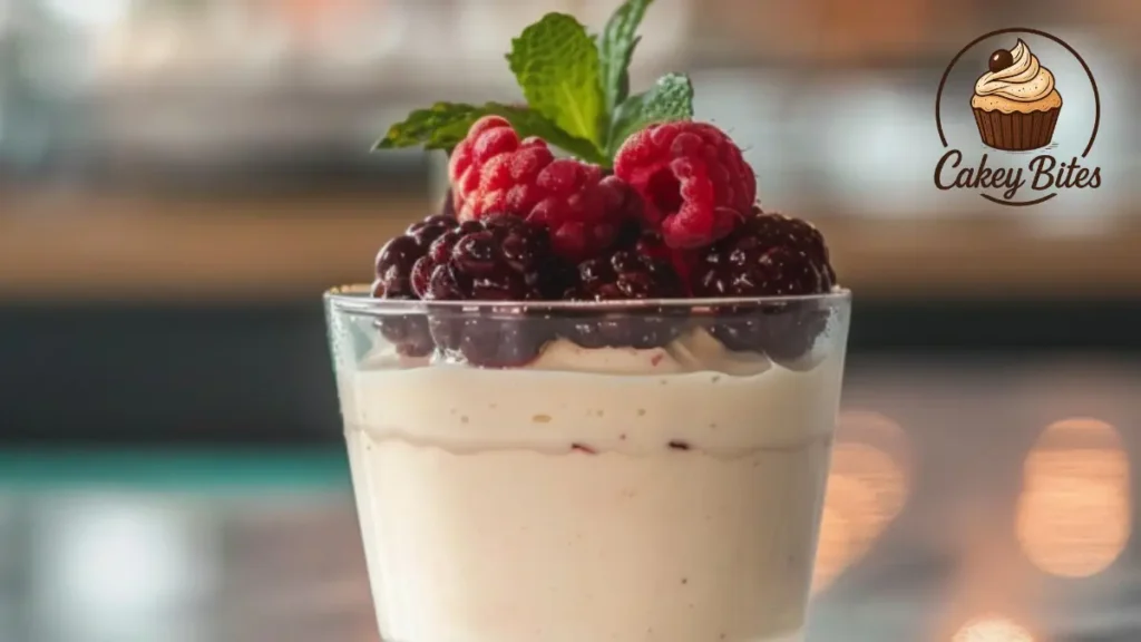 A light and airy cottage cheese mousse topped with fresh berries and mint leaves, served in a dessert glass.