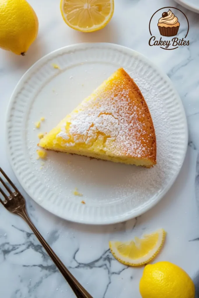 Sugar-free lemon cake slice—moist and flavorful, offering the health benefits of low-sugar baking without compromising on taste. Slice of sugar-free lemon cake on a white marble surface, with light, moist texture and golden edges—highlighting the balance between health benefits and delicious citrus flavor.