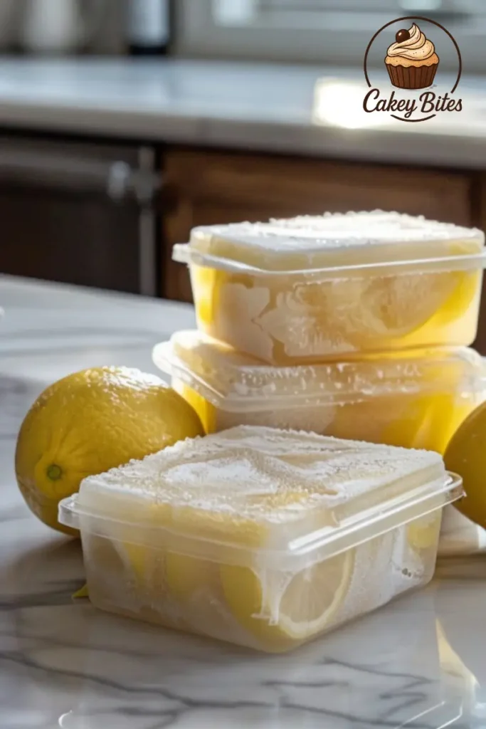 Frozen sugar-free lemon cake slices stored in an airtight container—ideal for batch baking and meal prep. Frozen slices of sugar-free lemon cake packed in an airtight container, showing proper storage method for maintaining freshness and texture.