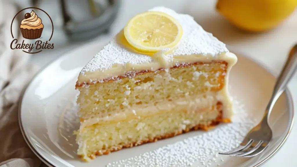 Healthy sugar-free lemon cake served on a white plate, topped with glossy iced glaze, showing its soft texture and fresh citrus appeal.