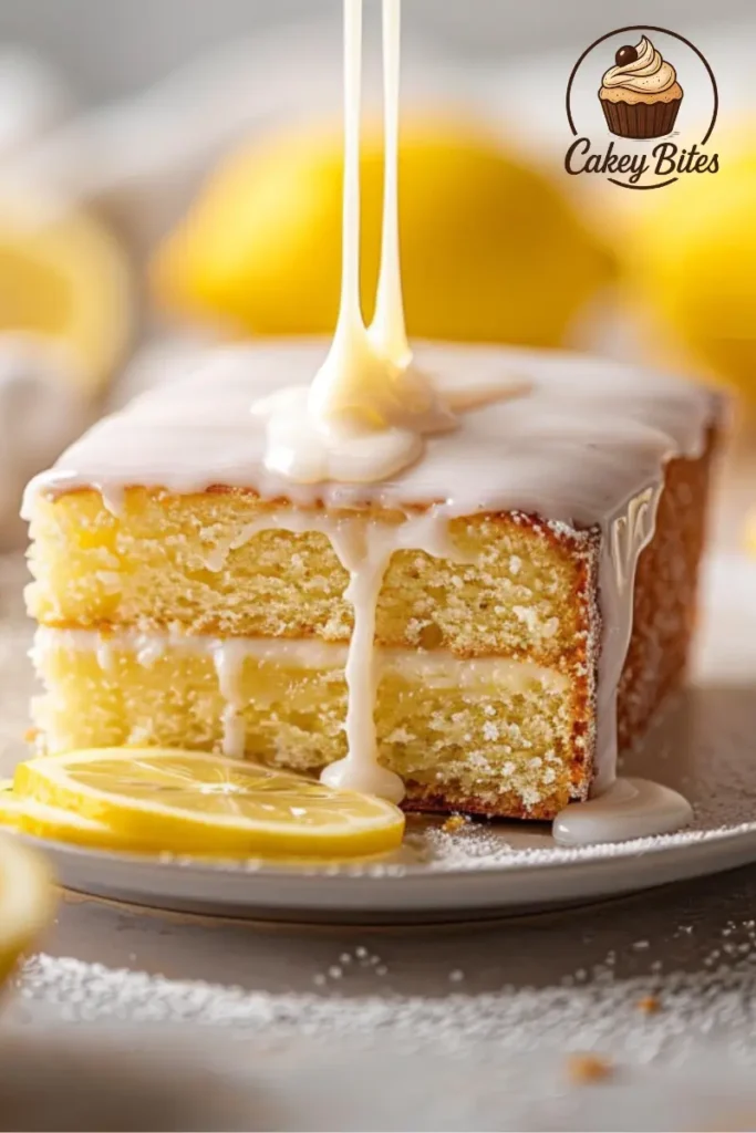 Drizzling sugar-free glaze on lemon cake—made with healthier alternatives like monk fruit and erythritol. Close-up of sugar-free glaze being drizzled over a moist sugar-free lemon cake, illustrating a healthy dessert option made without refined sugar.