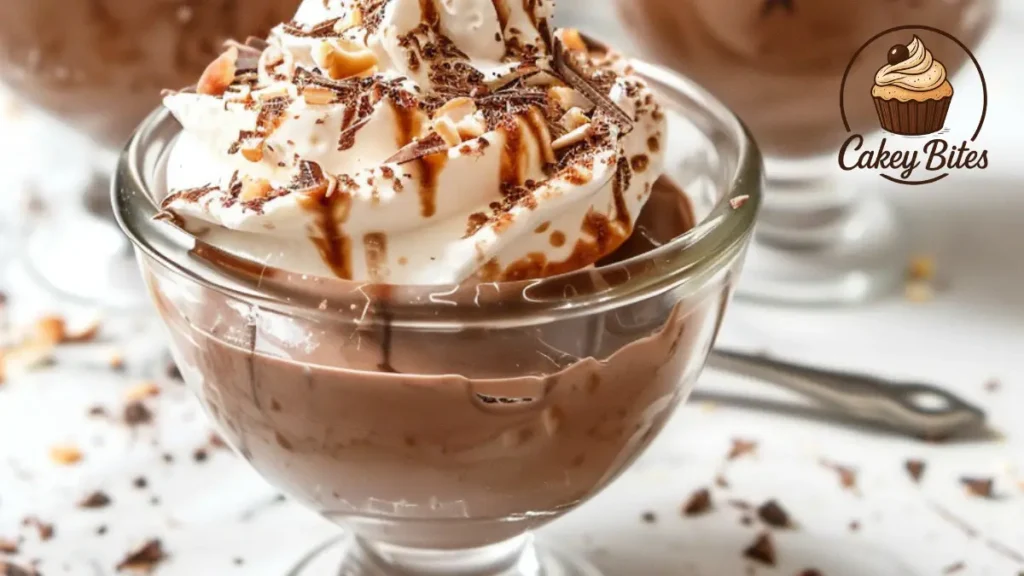 A visually striking serving of cottage cheese chocolate mousse in a clear dessert glass, topped with dark chocolate curls and styled for a gourmet presentation.