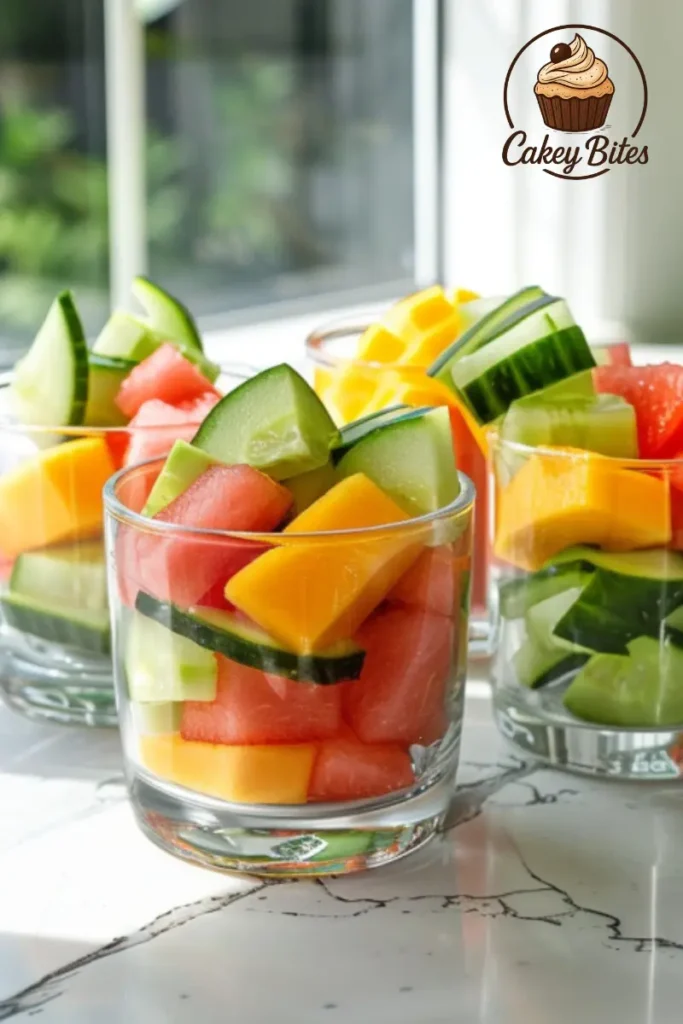 Add mango, jicama, and cucumber to your watermelon chamoy cups for extra crunch, sweetness, and flavor balance. Colorful fruit cups filled with watermelon, mango, jicama, and cucumber, topped with chamoy and chili powder for a vibrant and spicy twist.