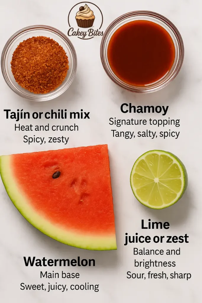 Main ingredients for making watermelon chamoy cups: watermelon, chamoy, lime, and Tajín for the perfect sweet-spicy balance. Top-down view of essential ingredients for making watermelon chamoy cups: fresh watermelon slice, lime, chamoy sauce, and Tajín or chili mix on a marble background.