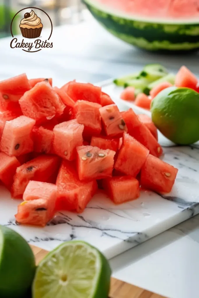 Watermelon being prepped into perfect cubes for chamoy cups—ideal size for holding flavor and presentation. Fresh watermelon chunks being prepped on a white marble countertop, evenly diced and ready to be used in watermelon chamoy cups for a clean and flavorful presentation.