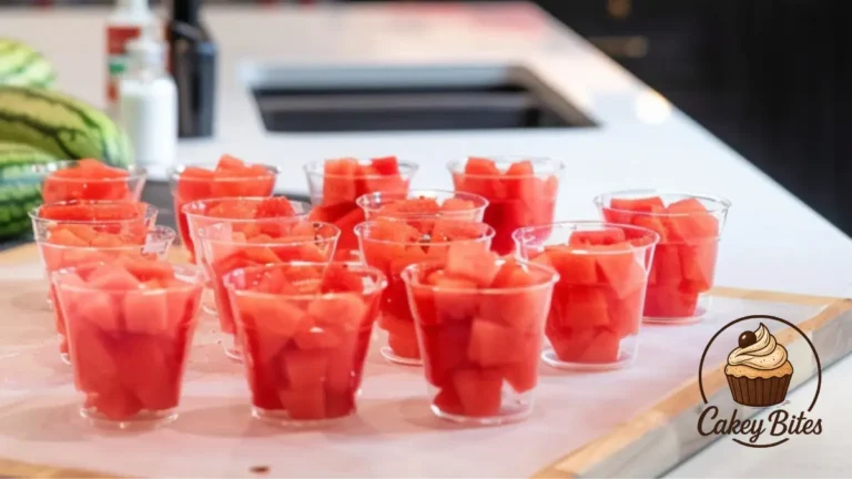 Plastic cups filled with fresh watermelon chunks arranged on a kitchen counter, ready for assembling watermelon chamoy cups.