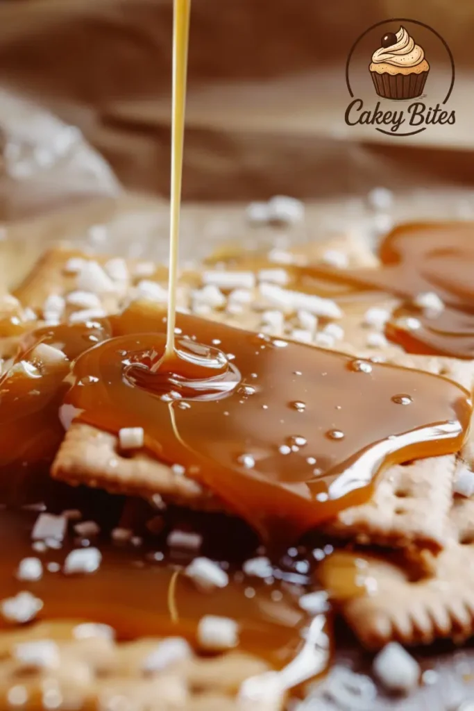 Golden caramel made from simple ingredients, inspired by the Christmas Crack recipe WW2 and wartime creativity. Close-up of a golden caramel layer made from white sugar and simple pantry staples, inspired by the christmas crack recipe ww2.