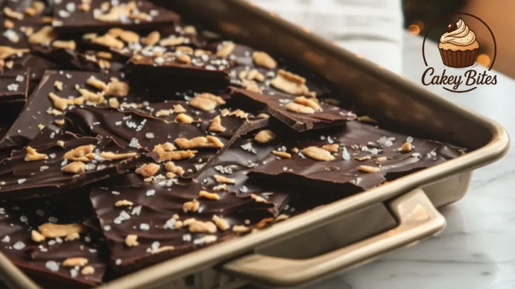 Tray of homemade Christmas Crack recipe WW2 topped with chopped nuts and coarse salt, set on a marble counter with a Christmas tree in the background.