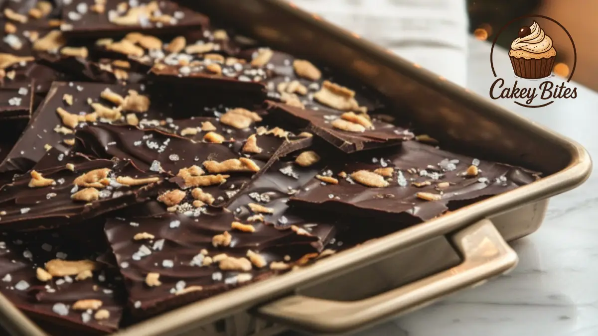 Tray of homemade Christmas Crack recipe WW2 topped with chopped nuts and coarse salt, set on a marble counter with a Christmas tree in the background.