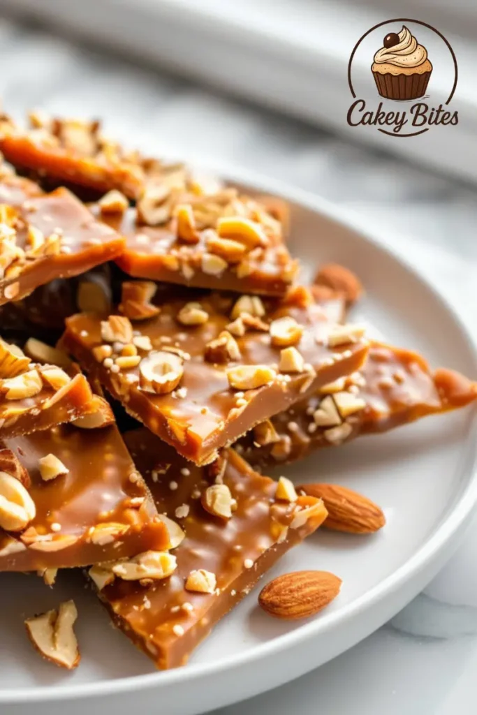 Vegan Christmas Crack recipe WW2 made without butter or milk — crunchy caramel crackers with dairy-free chocolate. Plate of dairy-free Christmas Crack recipe WW2 made with caramel-coated crackers, topped with chopped nuts and chocolate.