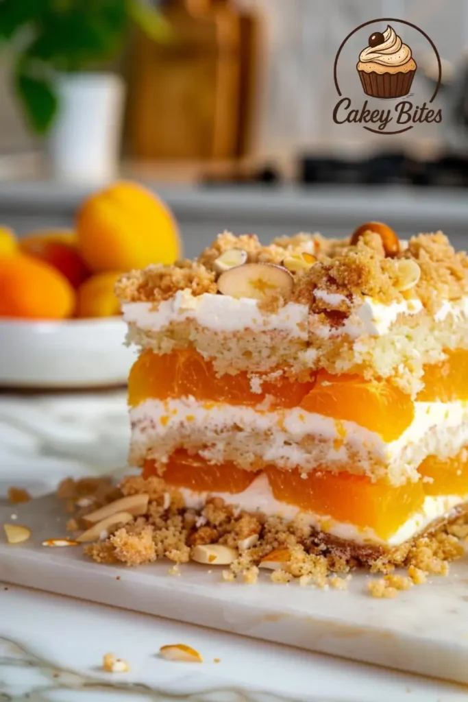 A creative variation of apricot almond dump cake with crumb topping—customized for extra texture and flavor. Layered apricot almond dump cake variation with a crumb topping, showing golden baked texture and a creative twist on the classic recipe.
