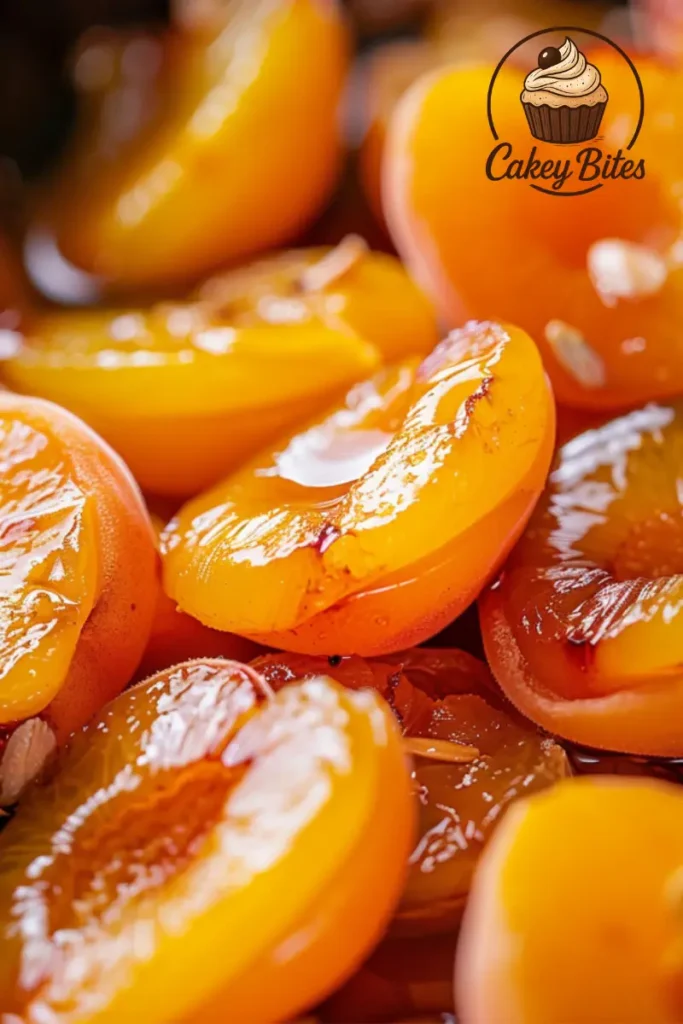 Baked apricots blending into warm cake with toasted almonds—a classic combo in this dump cake recipe. Close-up of baked apricots melting into a golden cake layer, with slivered almonds adding texture and nutty aroma—perfect in a dump cake.