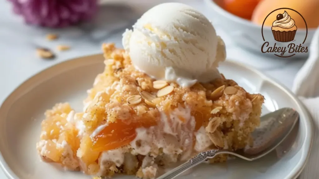Warm slice of apricot and almond dump cake on a white plate, served with melting vanilla ice cream and toasted almond topping.