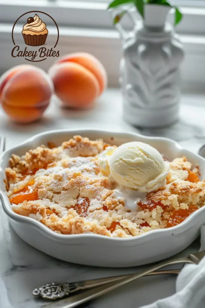 Apricot almond dump cake served warm with ice cream—ideal for brunches, potlucks, or easy weeknight treats. Apricot and almond dump cake served warm with a scoop of vanilla ice cream on a dessert plate—perfect for brunch, potlucks, or casual evenings.