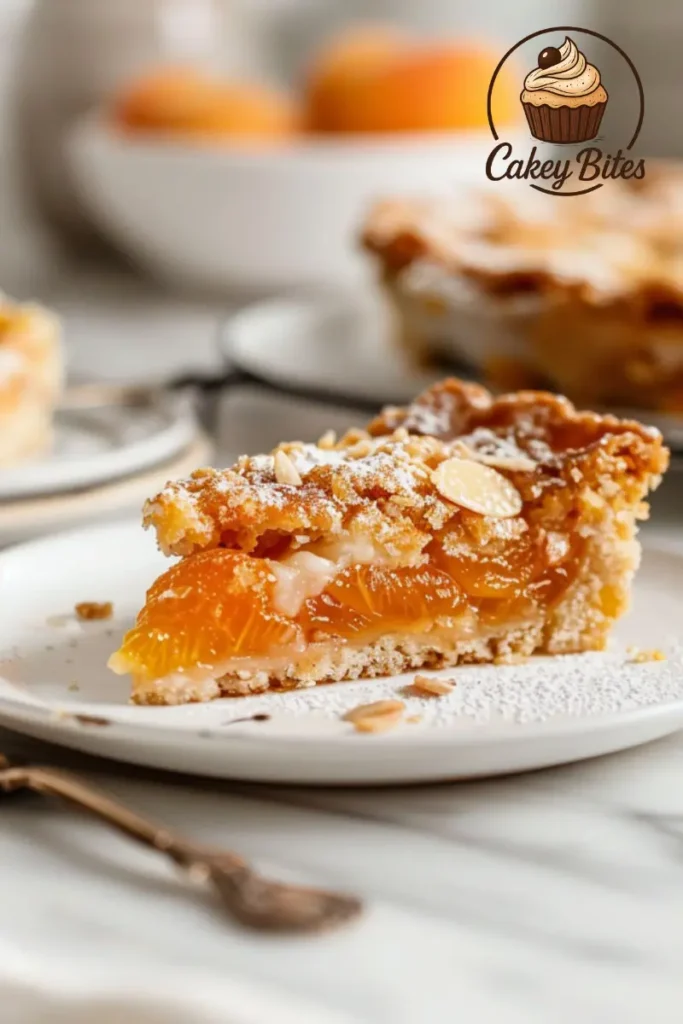 Close-up of apricot almond dump cake—juicy fruit, buttery topping, and crunchy almonds in one easy dessert. Close-up of a slice of dump cake made with apricots and almonds, featuring a golden, crumbly top and soft fruit filling.