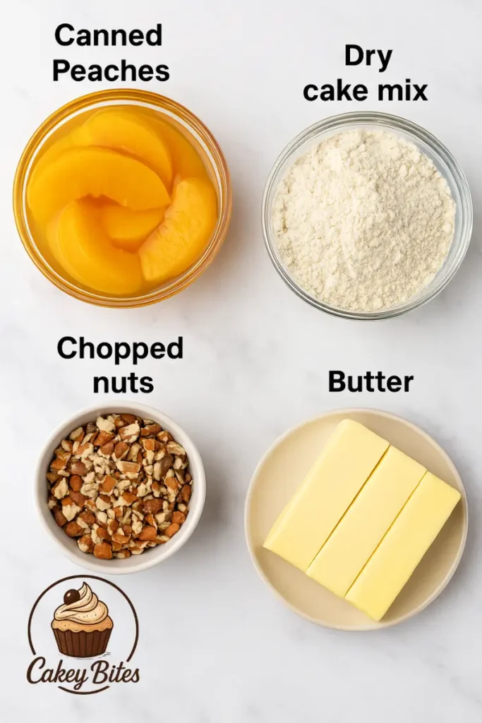 Ingredients for dump cake with peaches and nuts — a sweet, juicy, and crunchy dessert combination. Ingredients for dump cake with peaches and nuts, including canned peaches, dry cake mix, chopped nuts, and butter, arranged on a white background.
