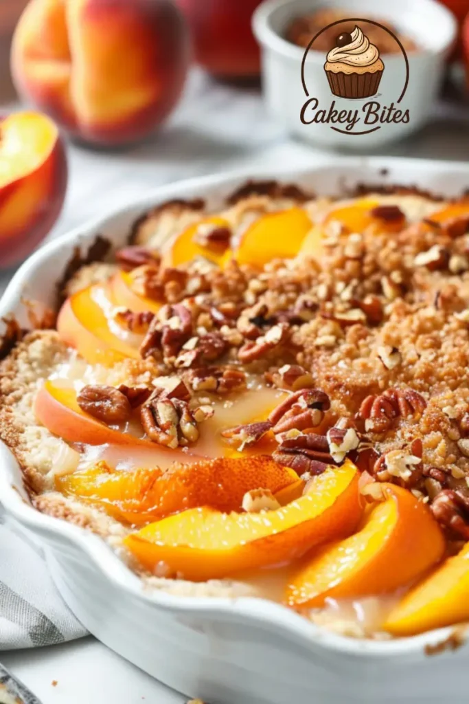 Freshly baked dump cake with peaches and nuts, offering the perfect balance of sweet and crunchy. Freshly baked dump cake with juicy peaches and crunchy nuts, served warm on a white plate.