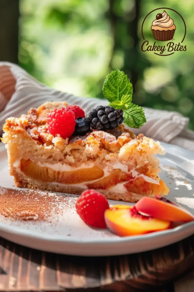A warm slice of dump cake with peaches and nuts, served with berries and vanilla ice cream for a joyful dessert moment. A slice of dump cake with peaches and nuts, served with fresh berries and a scoop of vanilla ice cream on a white plate.