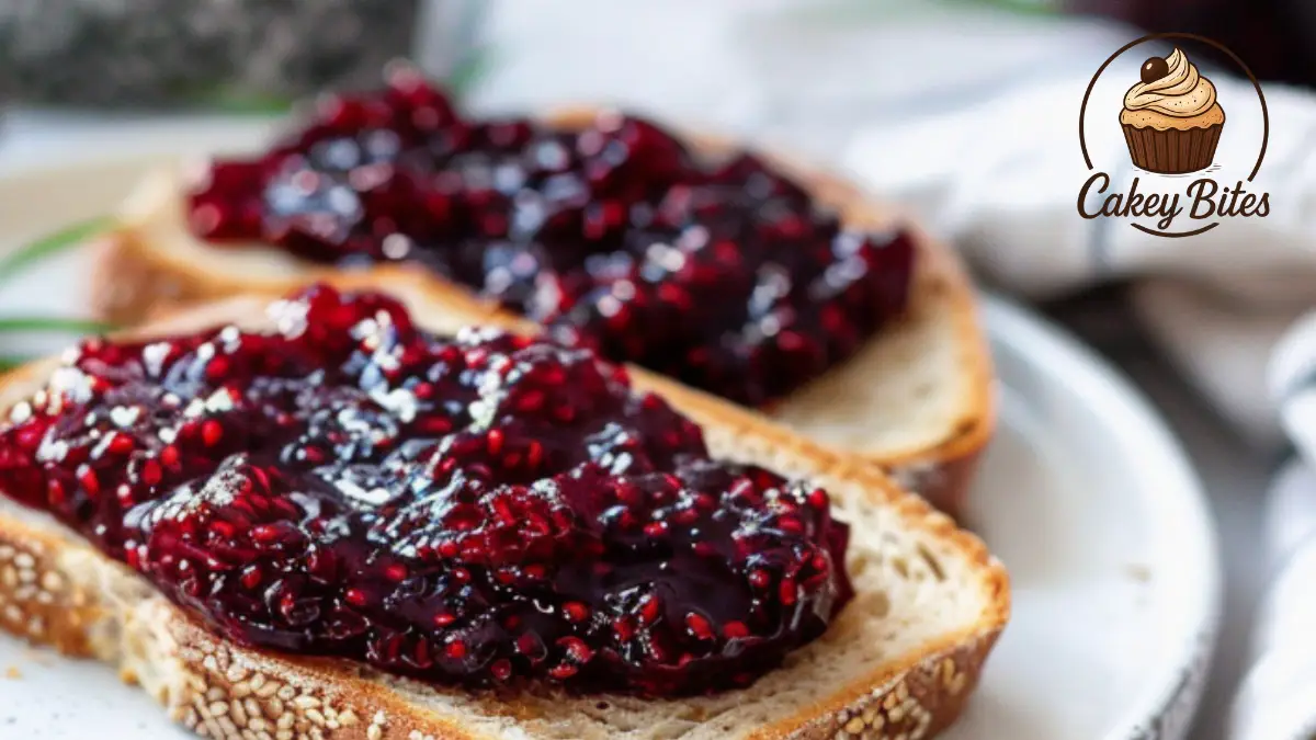 An elegant close-up of homemade mulberry jam spread on toast, perfectly capturing the texture and richness of a mulberry jam recipe made from scratch.