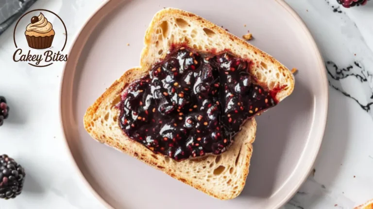 A stylish food blog image showing toast generously spread with mulberry jam, illustrating a serving suggestion for an easy mulberry jam recipe.