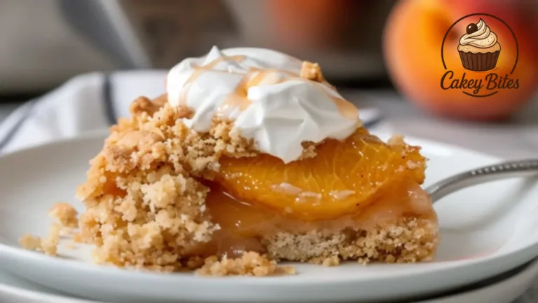 Golden slice of dump cake with peaches and nuts served on a dessert plate.