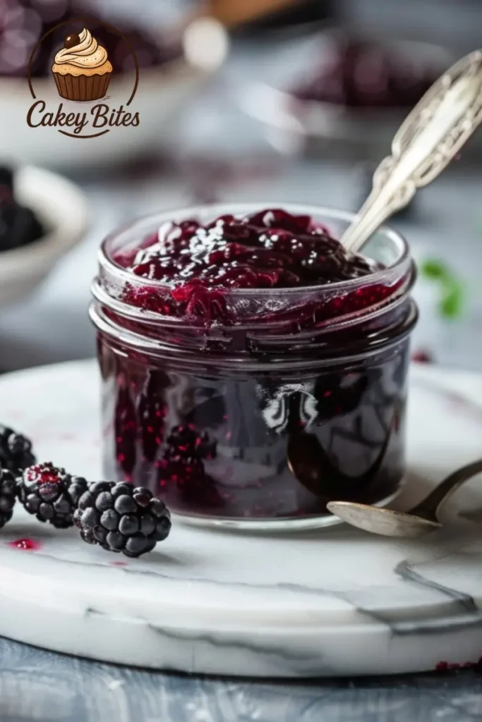 Discover the rich texture and flavor of homemade mulberry jam with this photo, ideal for your mulberry jam recipe inspiration. A realistic photo of mulberry jam in a glass jar, showcasing its rich texture and deep purple color, perfect for illustrating a homemade mulberry jam recipe.