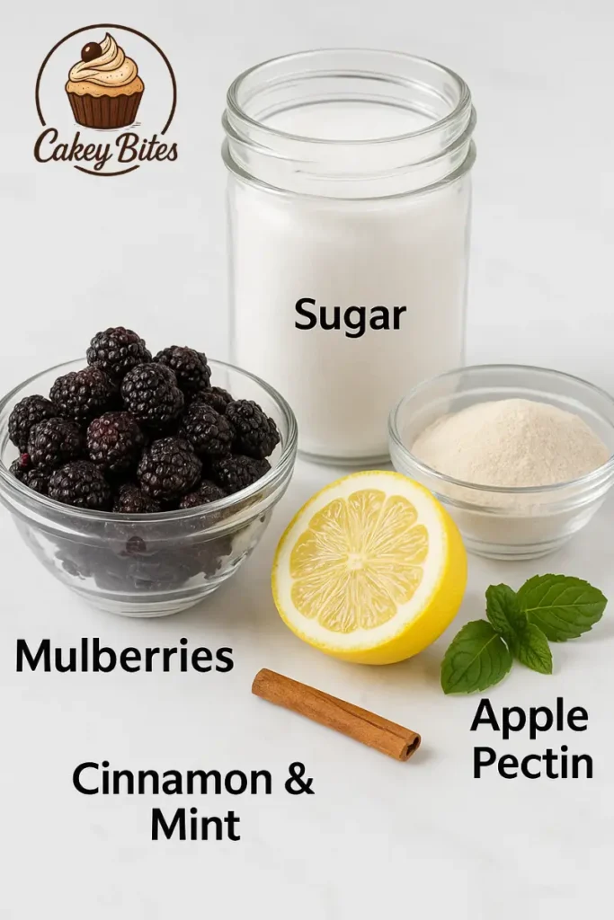 All essential ingredients for a homemade mulberry jam recipe — fresh mulberries, sugar, pectin, lemon, cinnamon, and mint — ready for nostalgic fruit preserving. Ingredients for a mulberry jam recipe arranged on a white surface, including fresh mulberries, sugar, apple pectin, lemon, cinnamon stick, and mint leaves — evoking the nostalgic process of fruit preserving.