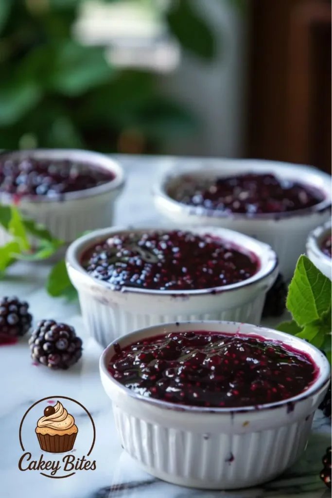 Freshly made mulberry jam stored in containers, a seasonal step in your mulberry jam recipe journey. Close-up of freshly prepared mulberry jam in containers, ready to store, illustrating seasonal preparation in a mulberry jam recipe.