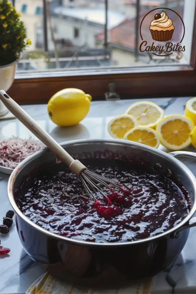 Natural mulberry jam recipe without added pectin — lemon juice is used as a natural thickening and setting method. A pot of mulberry jam gently simmering beside grated mulberries, capturing the nostalgic essence of traditional fruit preserving in a homemade mulberry jam recipe.