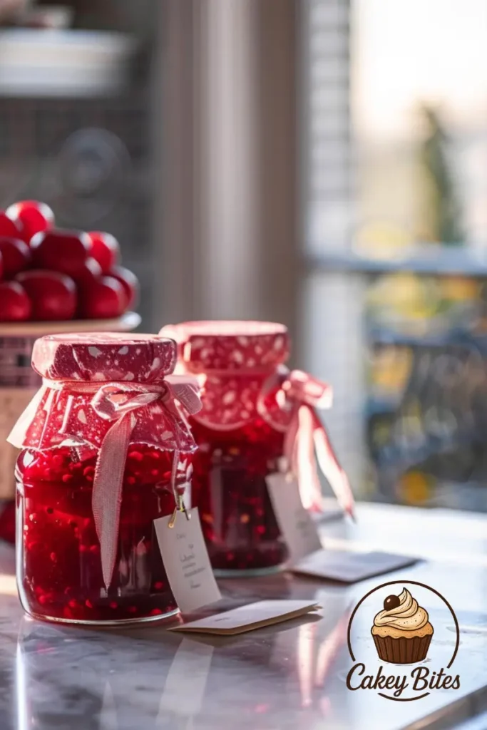 Decorated jars of homemade Sure Jell Strawberry Jam with pink fabric covers and ribbons, styled by CakeyBites. Homemade Sure Jell Strawberry Jam in decorated glass jars with pink fabric covers and ribbons, styled with handwritten labels on a marble table, perfect for gifts or pantry storage.