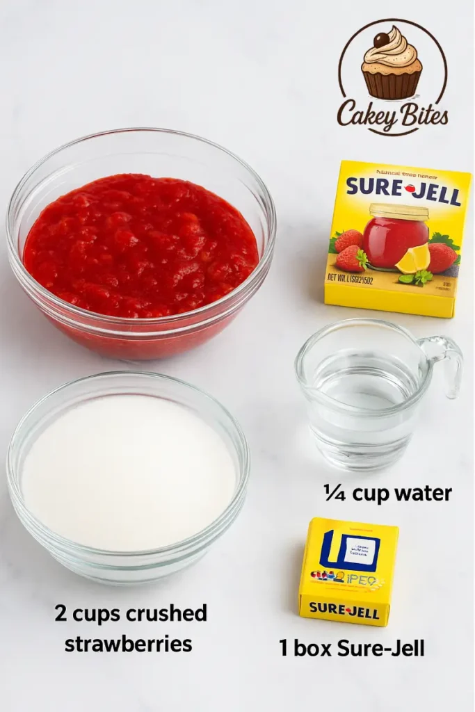 Exact ingredients for Sure Jell Strawberry Freezer Jam: 2 cups crushed strawberries, 2 cups sugar, ¼ cup water, and 1 box Sure-Jell pectin. Ingredients for Sure Jell Strawberry Freezer Jam displayed on a white surface: 2 cups crushed strawberries, 1 box Sure-Jell pectin, 2 cups sugar, and ¼ cup water.