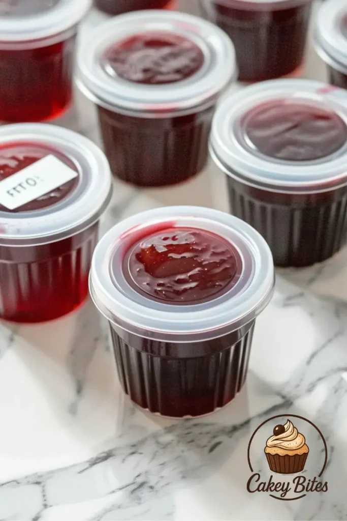 Freezer-safe containers filled with Sure Jell Strawberry Freezer Jam—organized for up to 12 months of storage and freshness. Freezer-safe containers filled with Sure Jell Strawberry Freezer Jam, neatly arranged for long-term storage and extended shelf life.