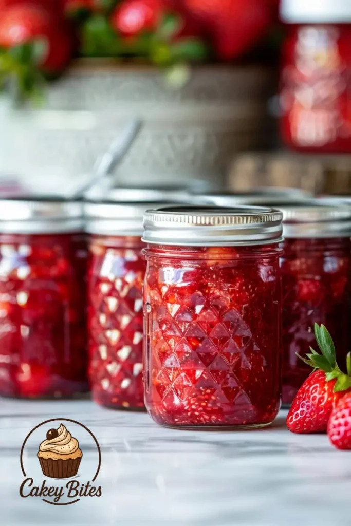 Labeled jars of Sure Jell Strawberry Freezer Jam arranged for long-term storage—freezer-safe for up to 12 months. Labeled jars of Sure Jell Strawberry Freezer Jam arranged neatly for long-term storage, ready to be placed in the freezer or pantry.