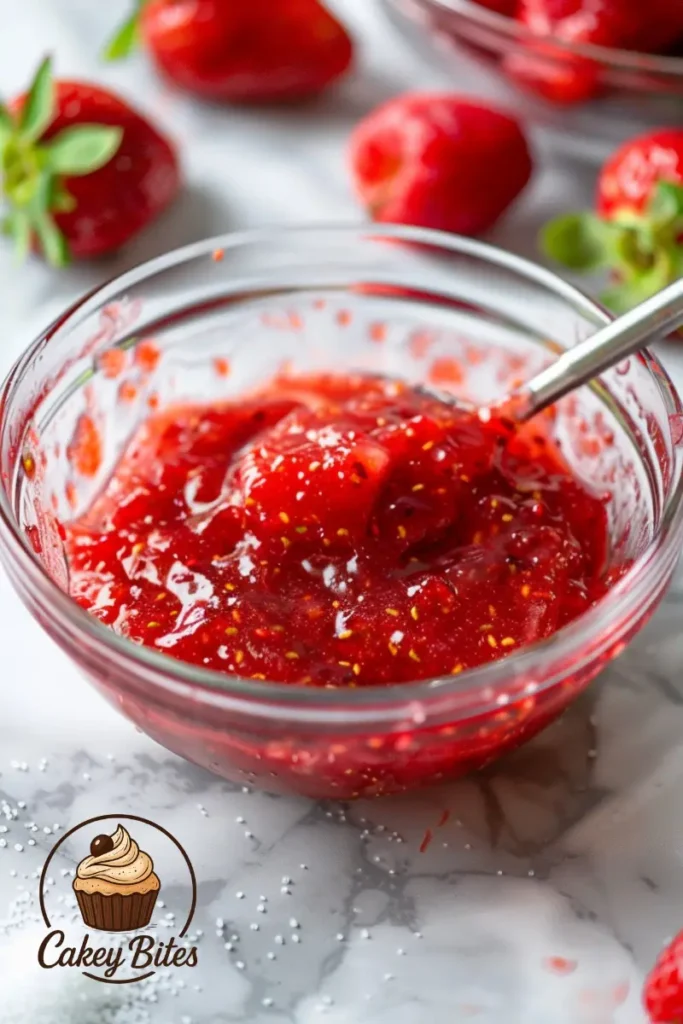 Close-up of Sure Jell Strawberry Freezer Jam being stirred to prevent sugar crystals and achieve smooth texture. Close-up of Sure Jell Strawberry Freezer Jam mixture being stirred, showing smooth texture and dissolved sugar to avoid gritty crystals.