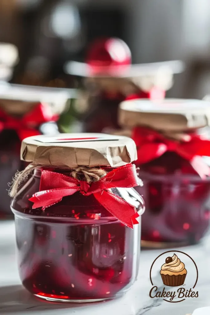 Beautifully decorated jam jars filled with Sure Jell Strawberry Jam, styled with ribbons and labels for gifting or display. A close-up of decorated jam jars filled with Sure Jell Strawberry Jam, featuring ribbons, fabric covers, and labels, ideal for gift-giving or pantry display.