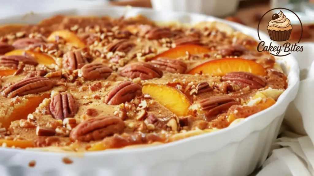 Freshly baked peach dump cake with chopped pecans, golden crust, and sweet peach filling.