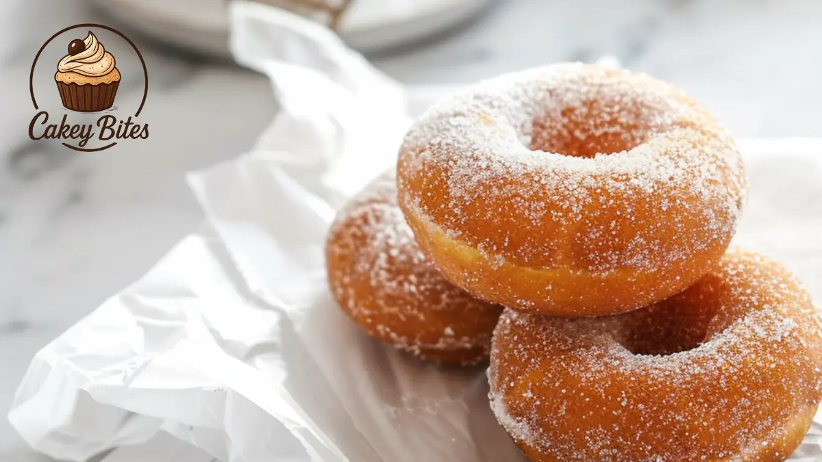 Stack of sugar-coated donuts with Cakey Bites logo on a marble background, visually supporting the article Are Mochi Donuts Gluten Free? A Tasty Guide to Know.