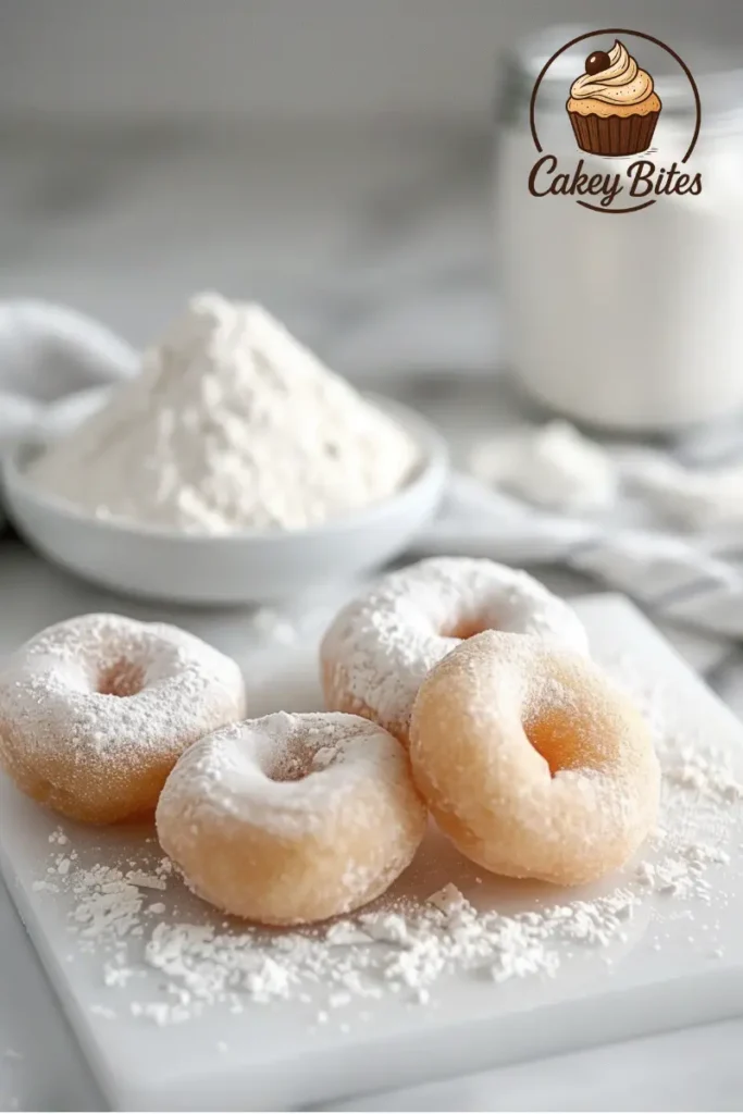 Freshly made mochi donuts cooling on a marble surface, illustrating common flours like rice flour, tapioca, or wheat blends, and raising the question: are mochi donuts gluten free? Freshly made mochi donuts cooling on a white marble surface, illustrating their chewy texture and linking to the question are mochi donuts gluten free, with reference to common flours like rice flour, tapioca, and wheat blends.