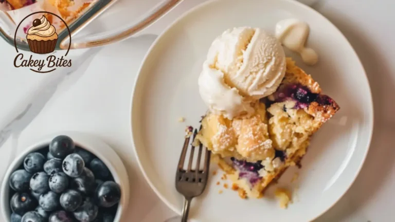 Top view of a freshly baked blueberry pineapple dump cake in a white baking dish, showing golden crust with juicy blueberry and pineapple filling.