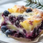 A slice of blueberry pineapple dump cake served on a white plate, showing golden crust with sweet pineapple and tart blueberry filling.