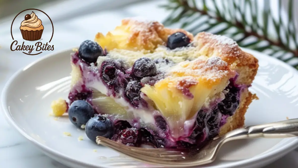 A slice of blueberry pineapple dump cake served on a white plate, showing golden crust with sweet pineapple and tart blueberry filling.