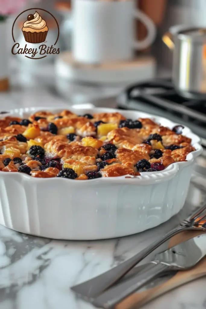 Serving of blueberry pineapple dump cake with tips on preventing the top from browning too quickly during baking. Blueberry pineapple dump cake served in a white bowl, showing golden crust and juicy fruit filling with blueberries and pineapple.
