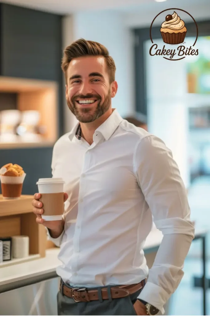A well-dressed man in business casual attire at a café, symbolizing refined alternatives to the playful phrase "Stud Muffins" in everyday language.