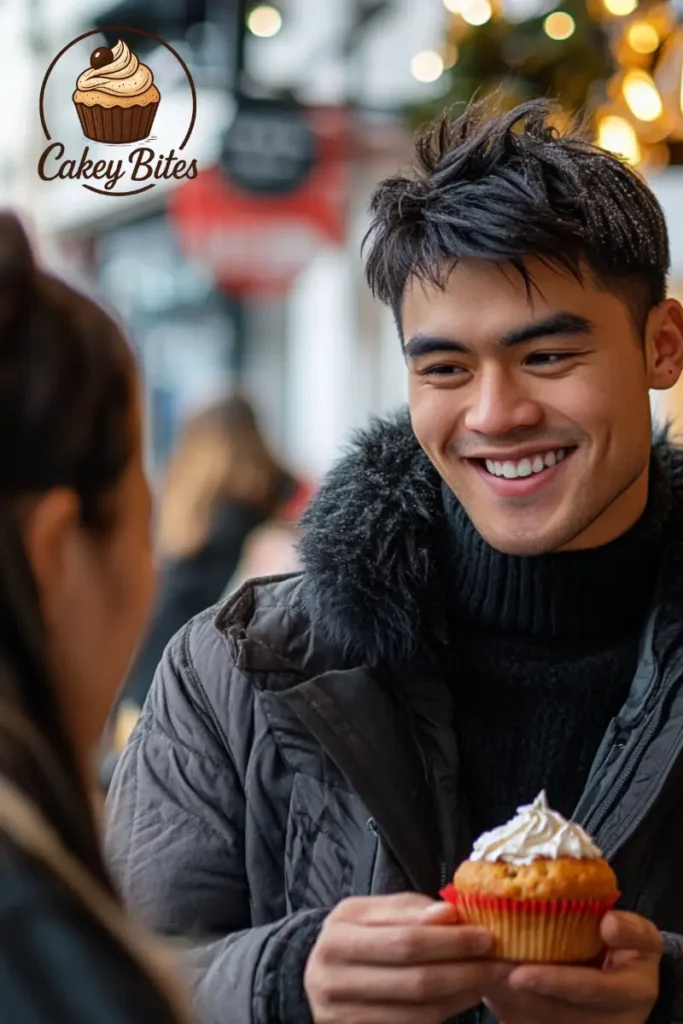 A smiling young man in a winter jacket holding a muffin, symbolizing the playful concept of "Stud Muffins" with confidence, charm, and style.