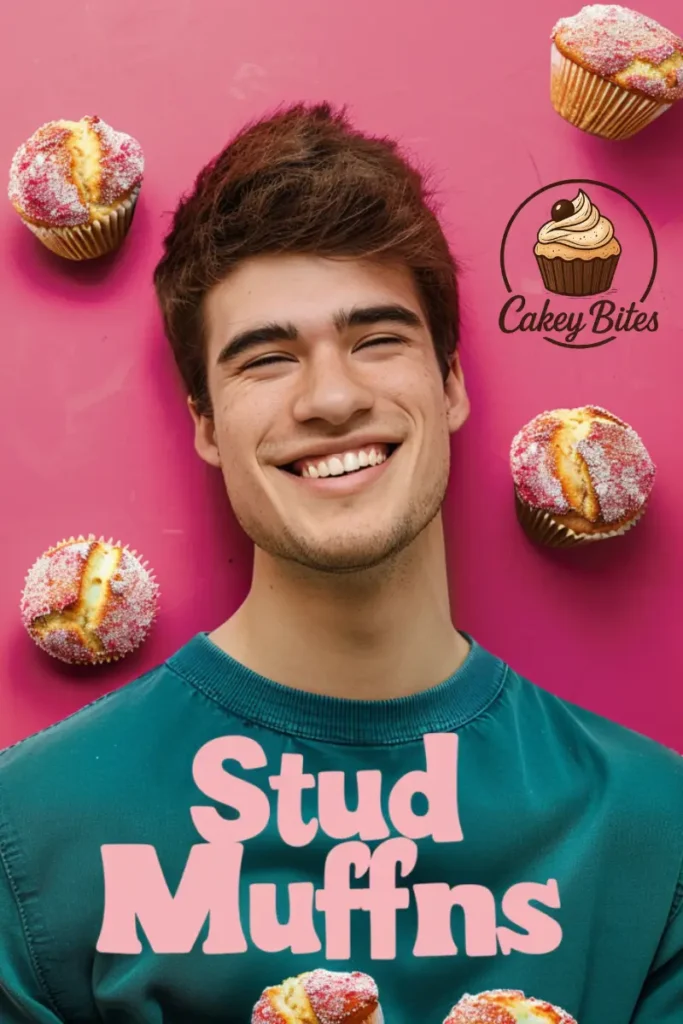 Realistic magazine cover-style image of a smiling man holding a muffin, illustrating the playful meaning of the phrase "Stud Muffins."