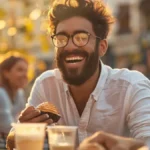 Group of friends at an outdoor café table, one man smiling while holding a muffin – a playful representation of the phrase "Stud Muffins."
