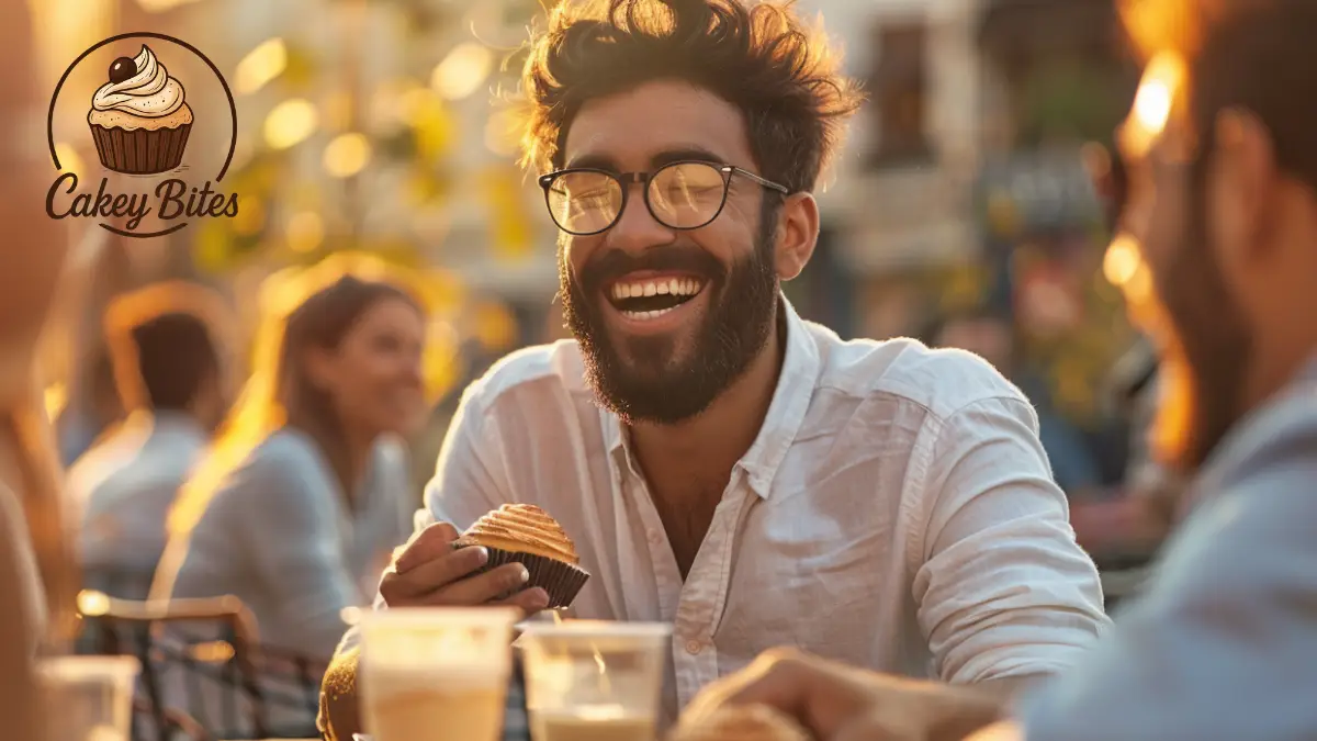 Group of friends at an outdoor café table, one man smiling while holding a muffin – a playful representation of the phrase "Stud Muffins."